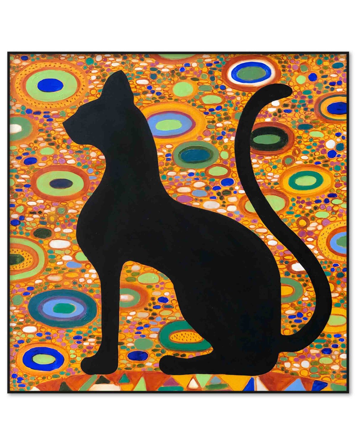 Black cat oil painting guarding cultural heritage
