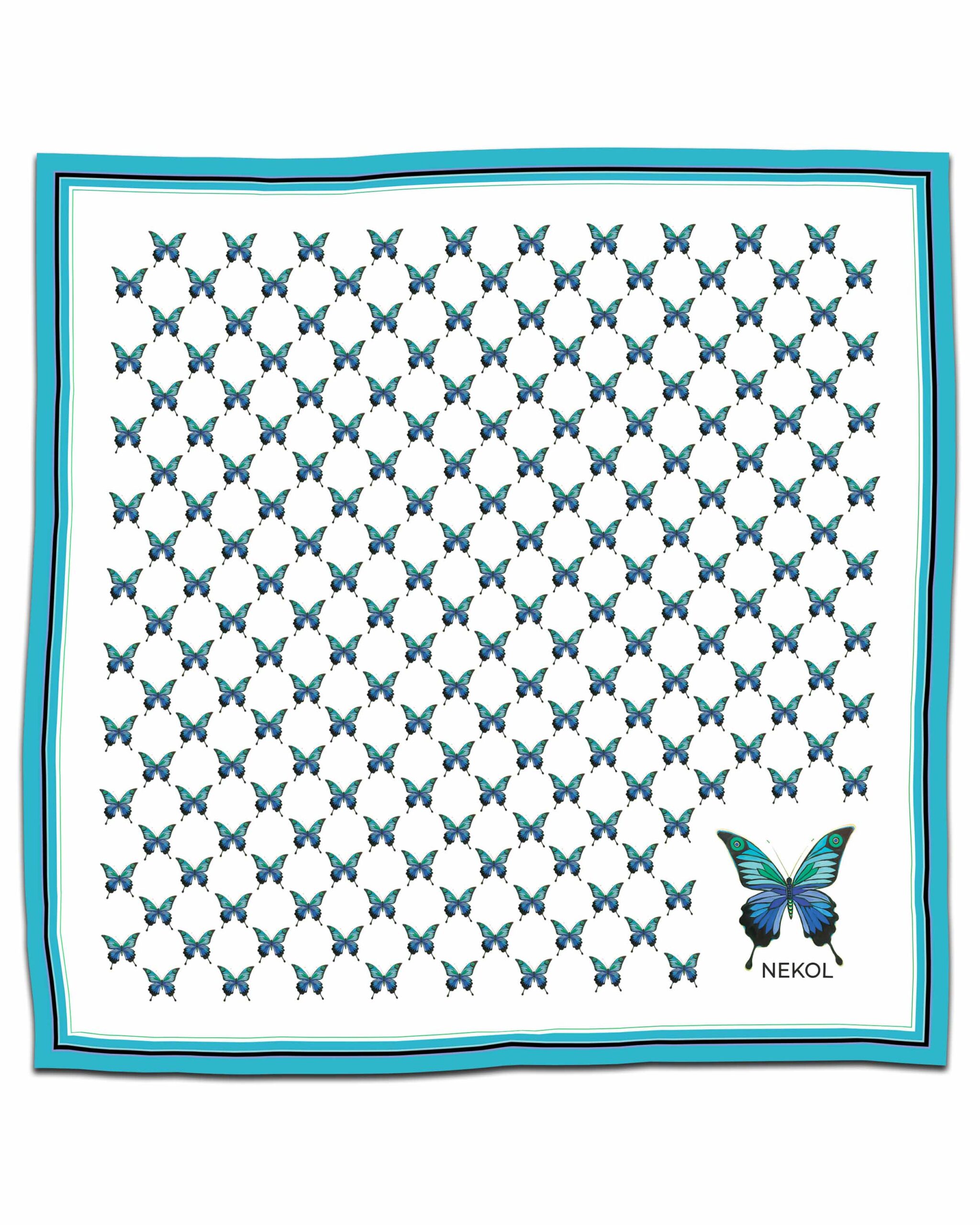 Blue butterfly silk scarf with azure butterfly pattern on white background