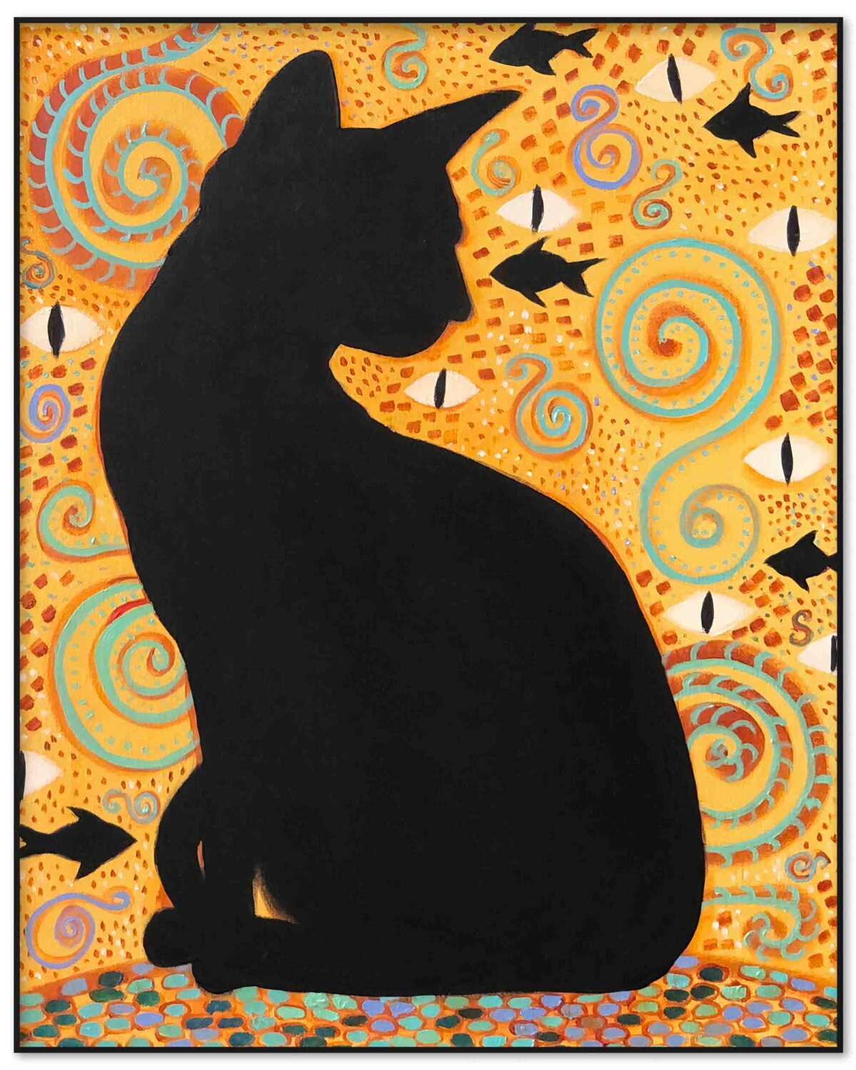 Black cat oil painting depicting a mystical guardian cat in symbolic golden composition