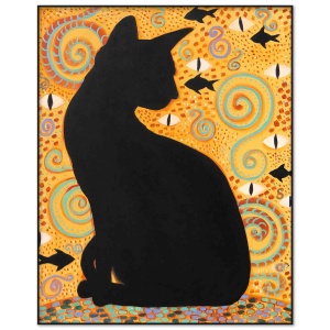 Black cat oil painting depicting a mystical guardian cat in symbolic golden composition