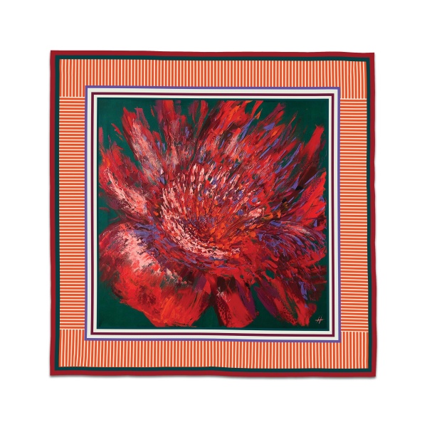 Silk scarf with vivid red abstract floral design from Bloom of Scarlet Winds by Nekol.