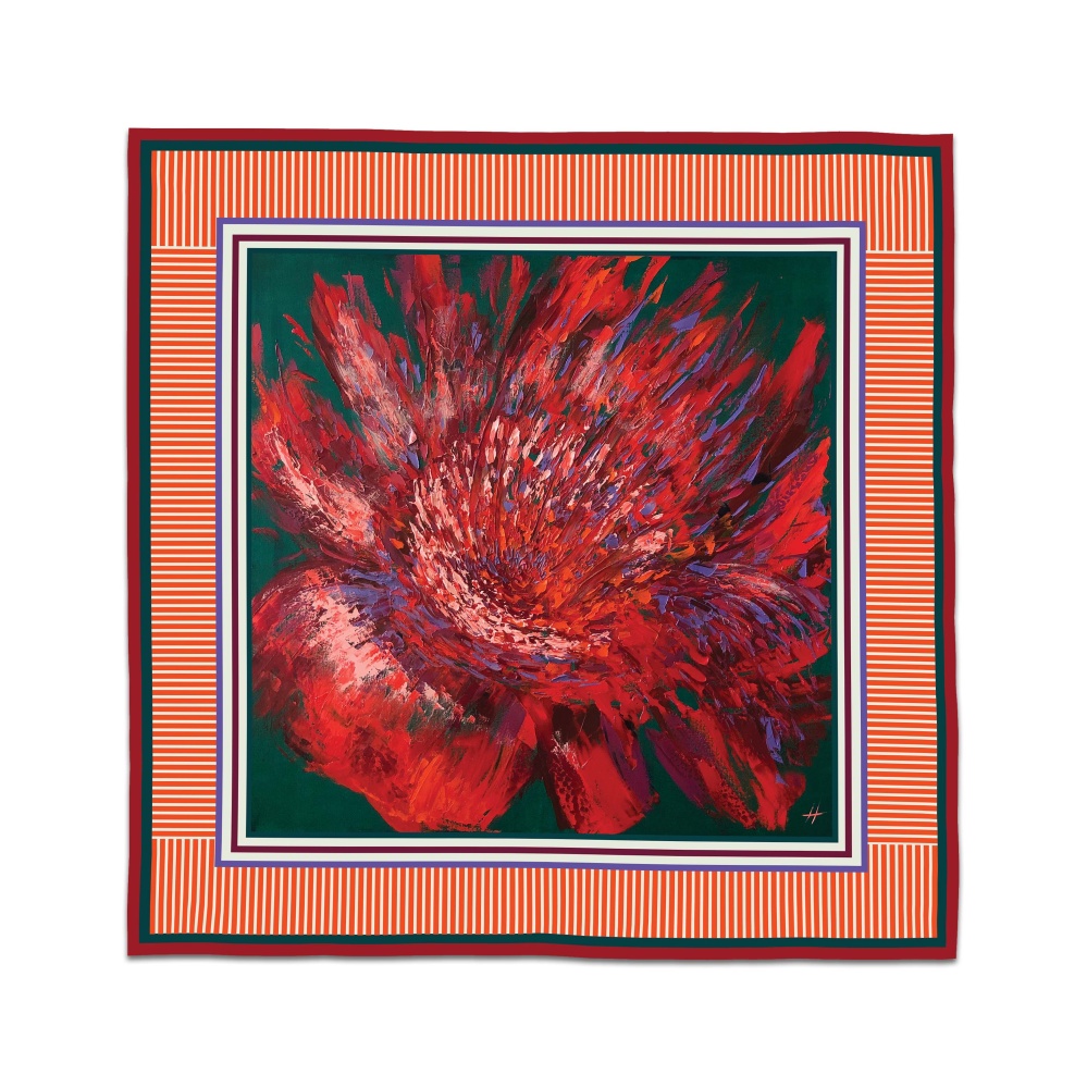 Silk scarf with vivid red abstract floral design from Bloom of Scarlet Winds by Nekol.