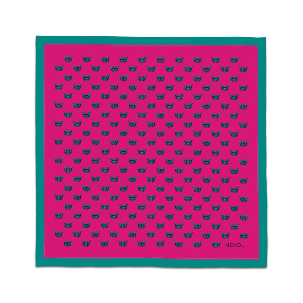 Luxury designer scarf “Papillon de Minuit” by artist Nekol, silky satin, wearable art accessory.