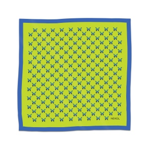 Blue butterfly silk scarf with azure butterfly pattern on lime background, 75×75 cm.
