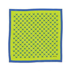 Blue butterfly silk scarf with azure butterfly pattern on lime background, 75×75 cm.