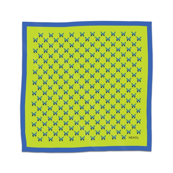 Blue butterfly silk scarf with azure butterfly pattern on lime background, 75×75 cm.