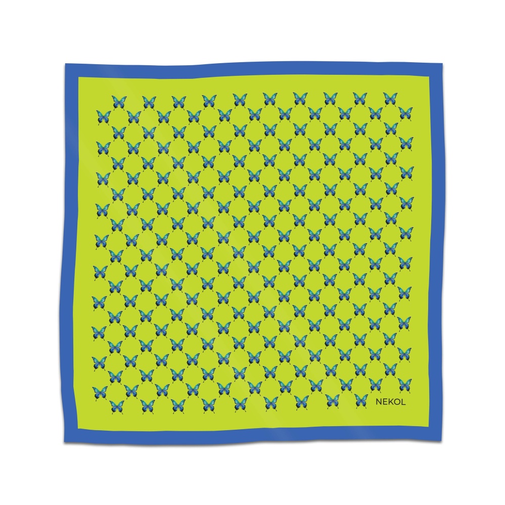 Blue butterfly silk scarf with azure butterfly pattern on lime background, 75×75 cm.
