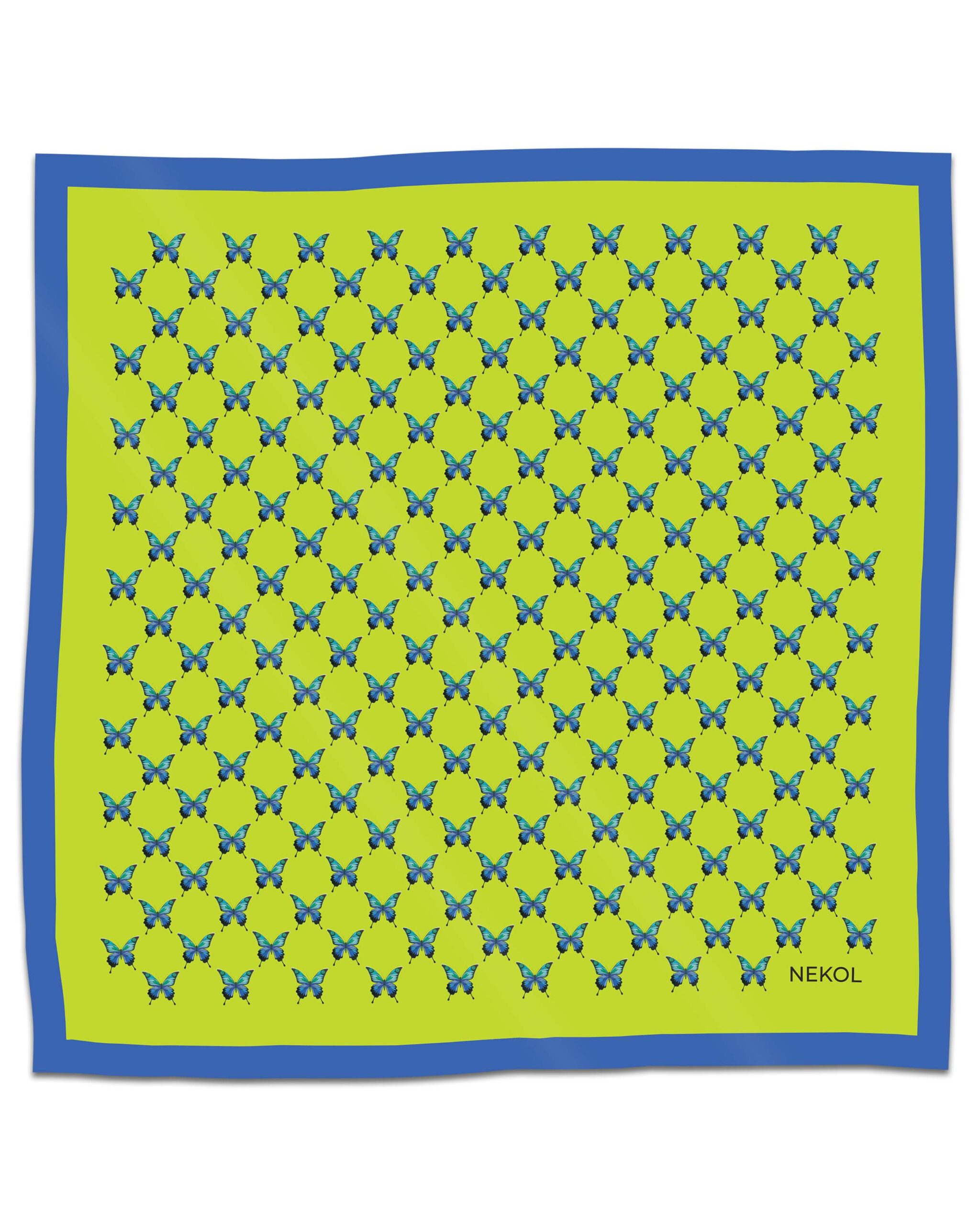 Blue butterfly silk scarf with azure butterfly pattern on lime background, 75×75 cm.