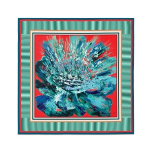 Luxurious green and blue peony print silk-like satin scarf with vibrant red background, inspired by original painting by Nekol.
