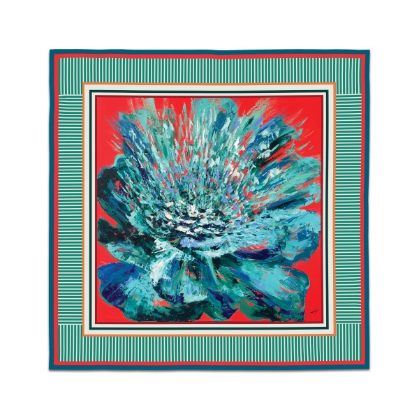 Luxurious green and blue peony print silk-like satin scarf with vibrant red background, inspired by original painting by Nekol.