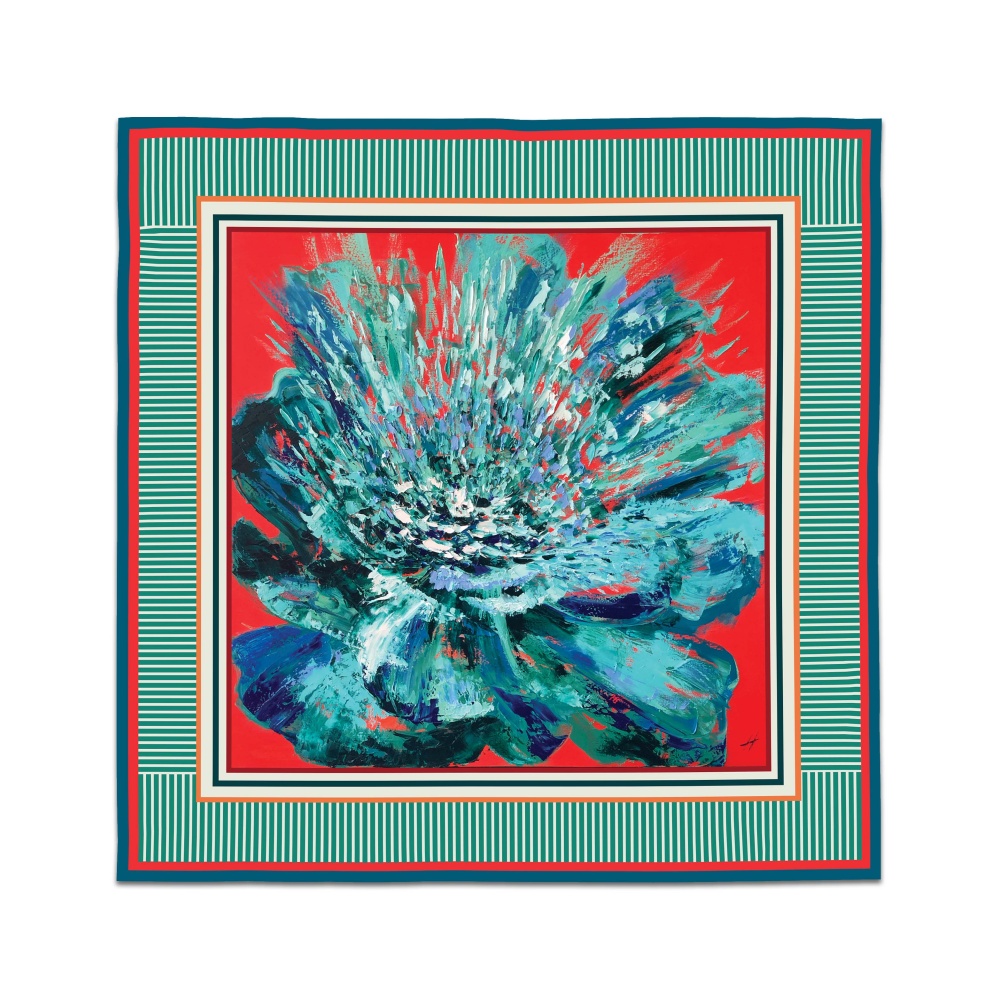 Luxurious green and blue peony print silk-like satin scarf with vibrant red background, inspired by original painting by Nekol.