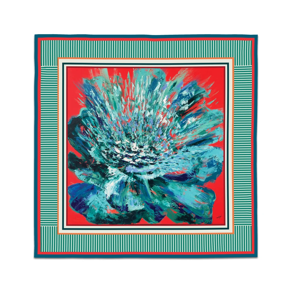 Luxurious green and blue peony print silk-like satin scarf with vibrant red background, inspired by original painting by Nekol.