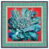 Luxurious green and blue peony print silk-like satin scarf with vibrant red background, inspired by original painting by Nekol.