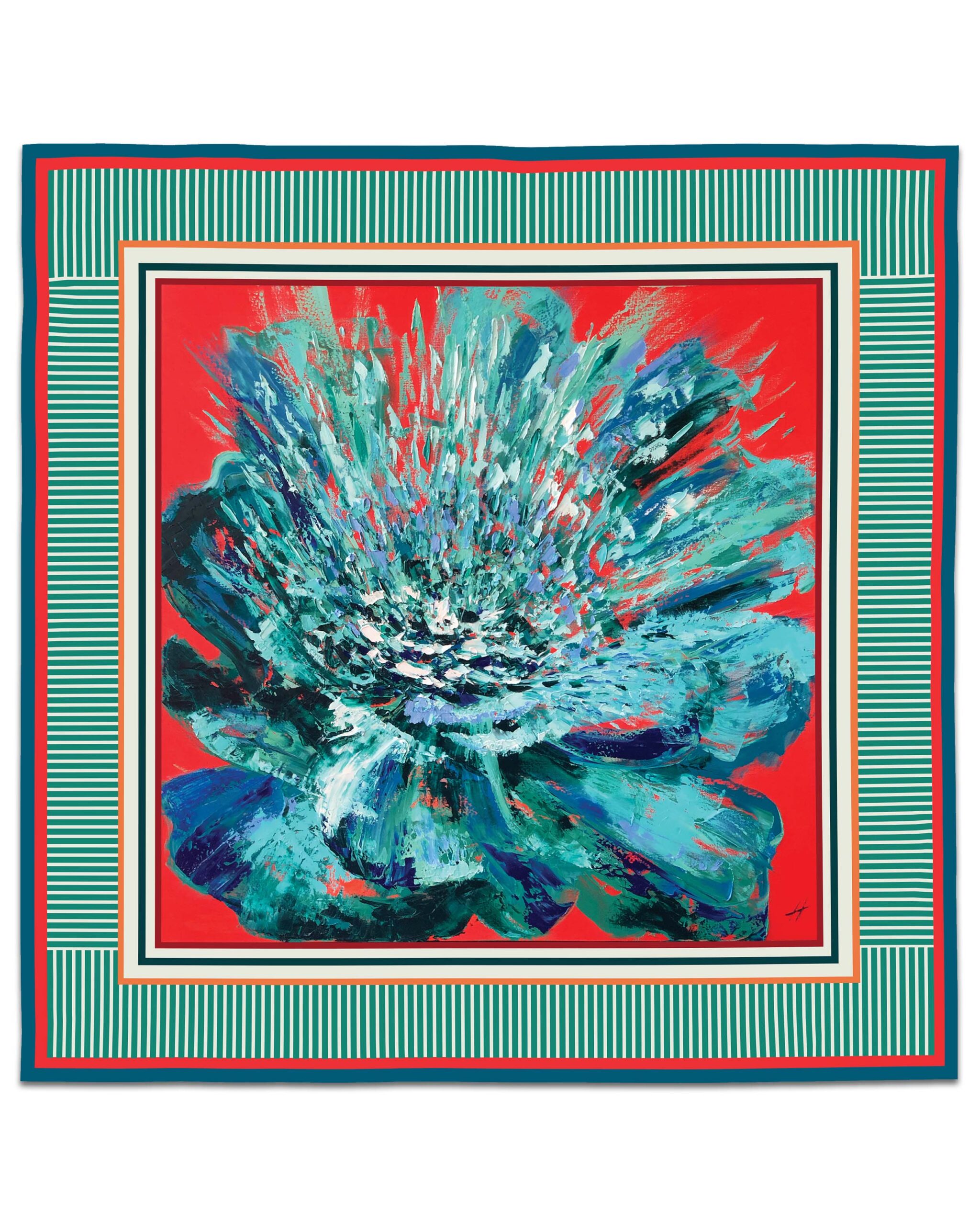 Luxurious green and blue peony print silk-like satin scarf with vibrant red background, inspired by original painting by Nekol.
