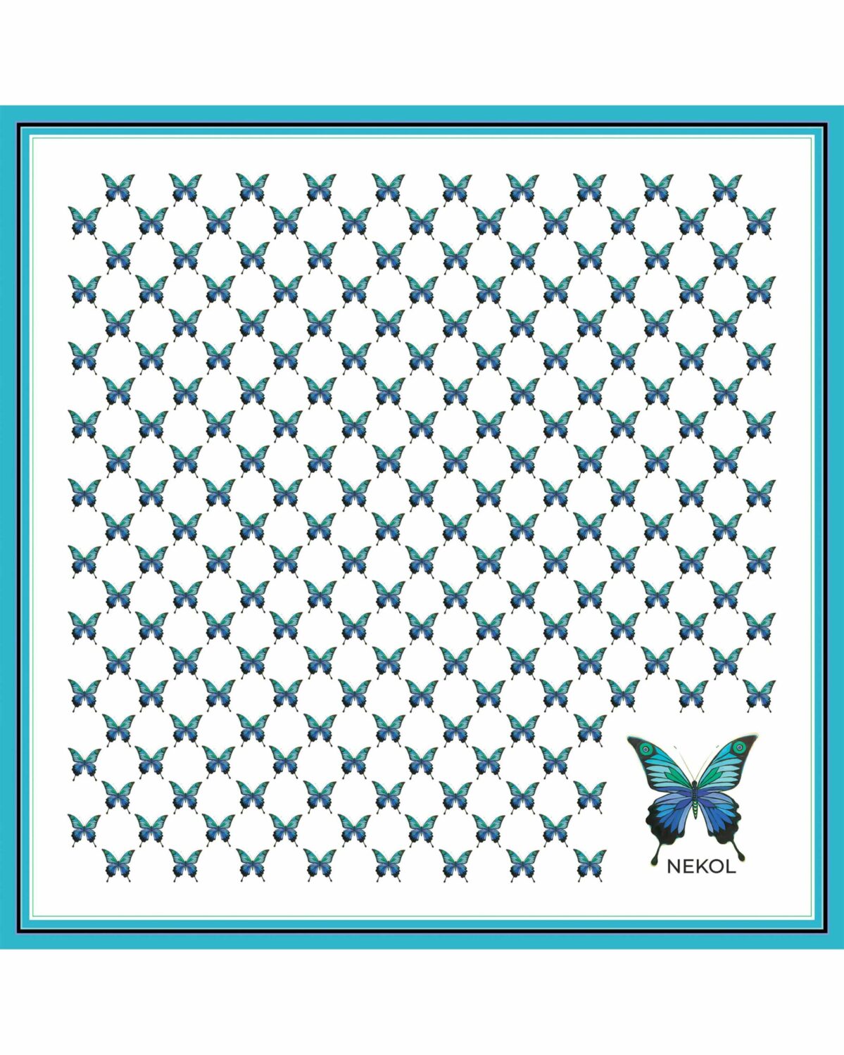 Blue butterfly silk scarf with azure butterfly pattern on white background