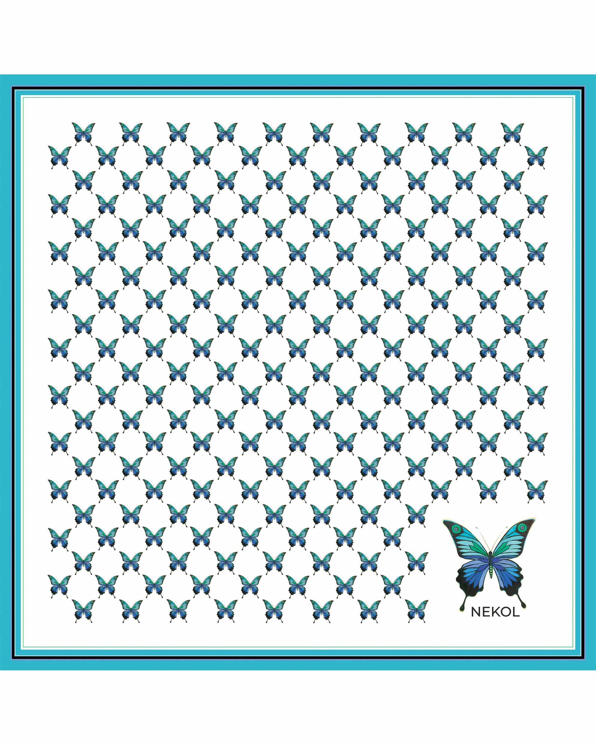 Blue butterfly silk scarf with azure butterfly pattern on white background