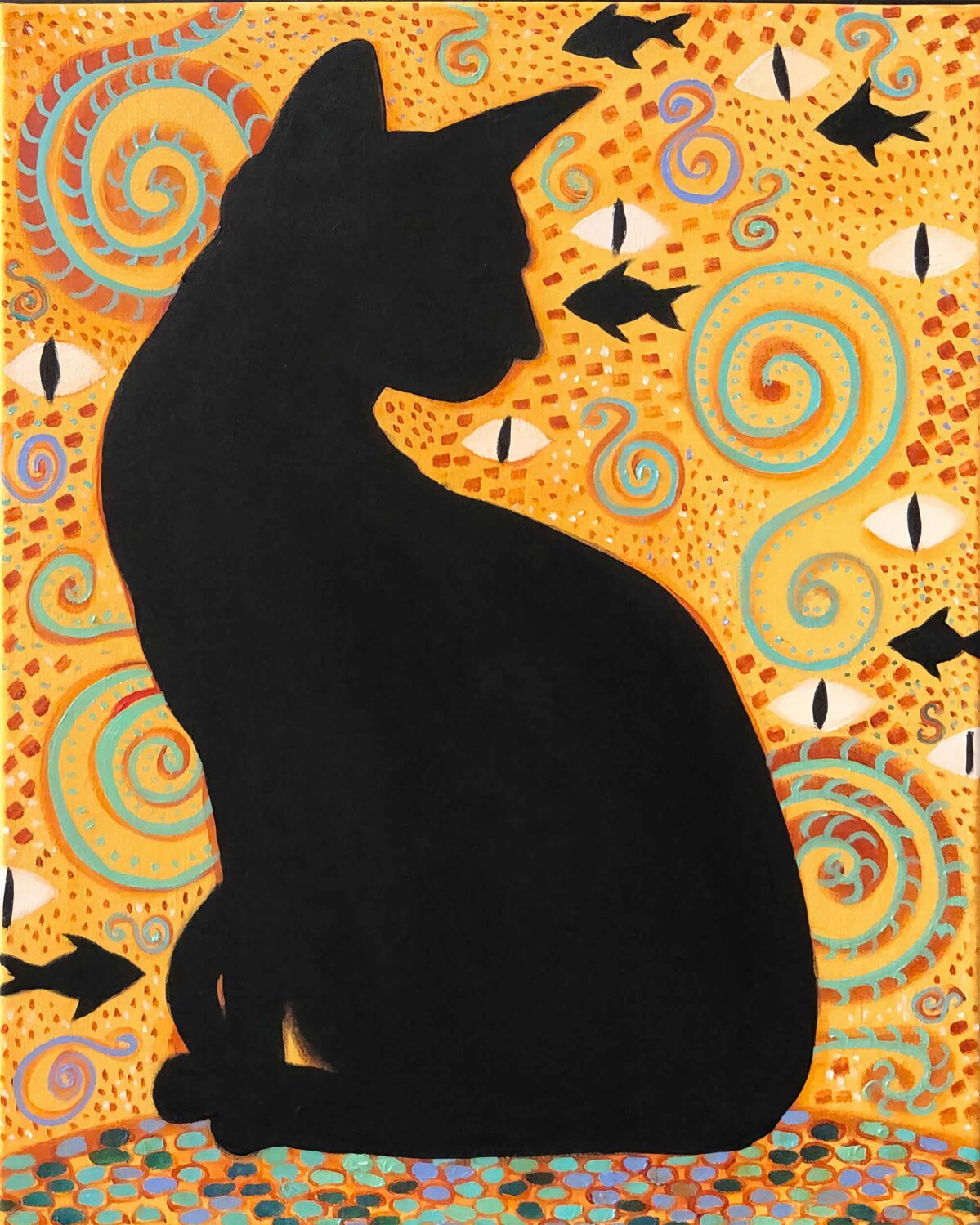 Black cat oil painting depicting a mystical guardian cat in symbolic golden composition