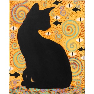 Black cat oil painting depicting a mystical guardian cat in symbolic golden composition