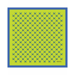 Blue butterfly silk scarf with azure butterfly pattern on lime background, 75×75 cm.