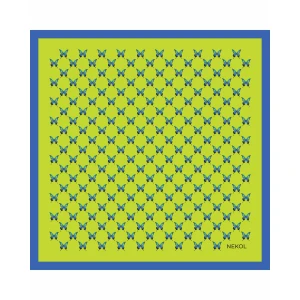 Blue butterfly silk scarf with azure butterfly pattern on lime background, 75×75 cm.