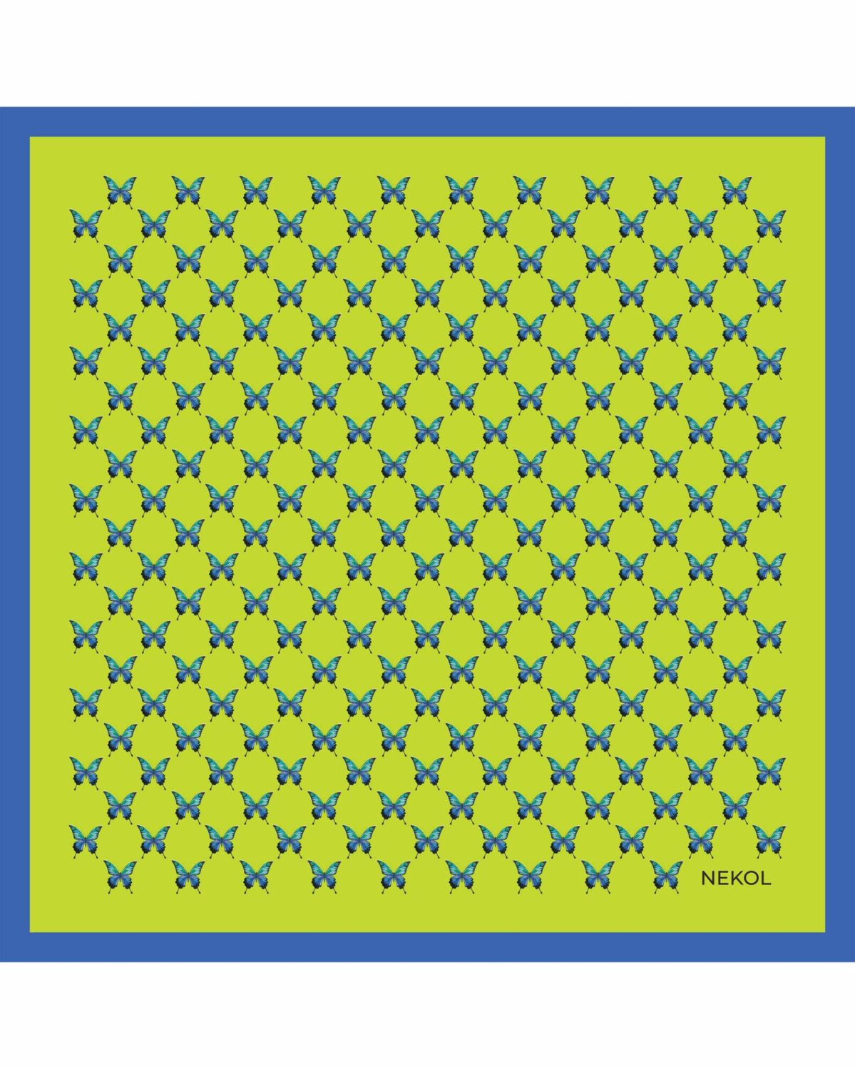 Blue butterfly silk scarf with azure butterfly pattern on lime background, 75×75 cm.