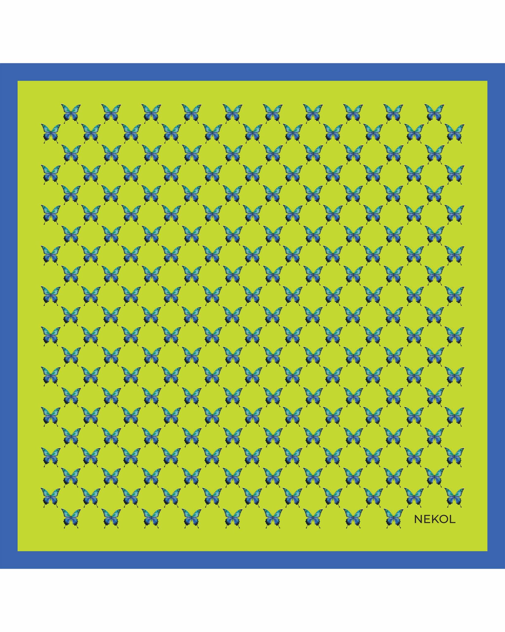 Blue butterfly silk scarf with azure butterfly pattern on lime background, 75×75 cm.