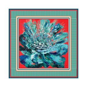 Luxurious green and blue peony print silk-like satin scarf with vibrant red background, inspired by original painting by Nekol.