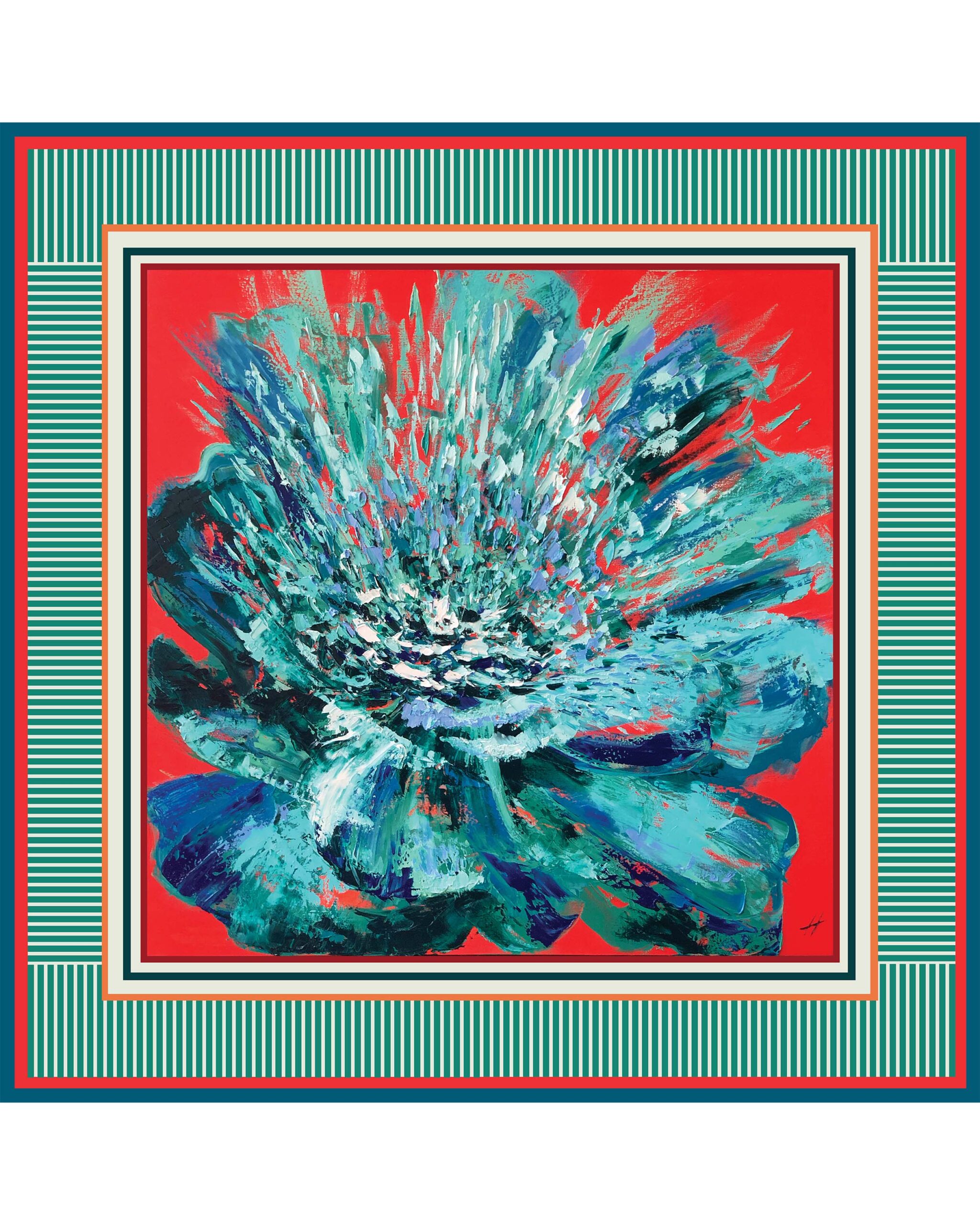 Luxurious green and blue peony print silk-like satin scarf with vibrant red background, inspired by original painting by Nekol.