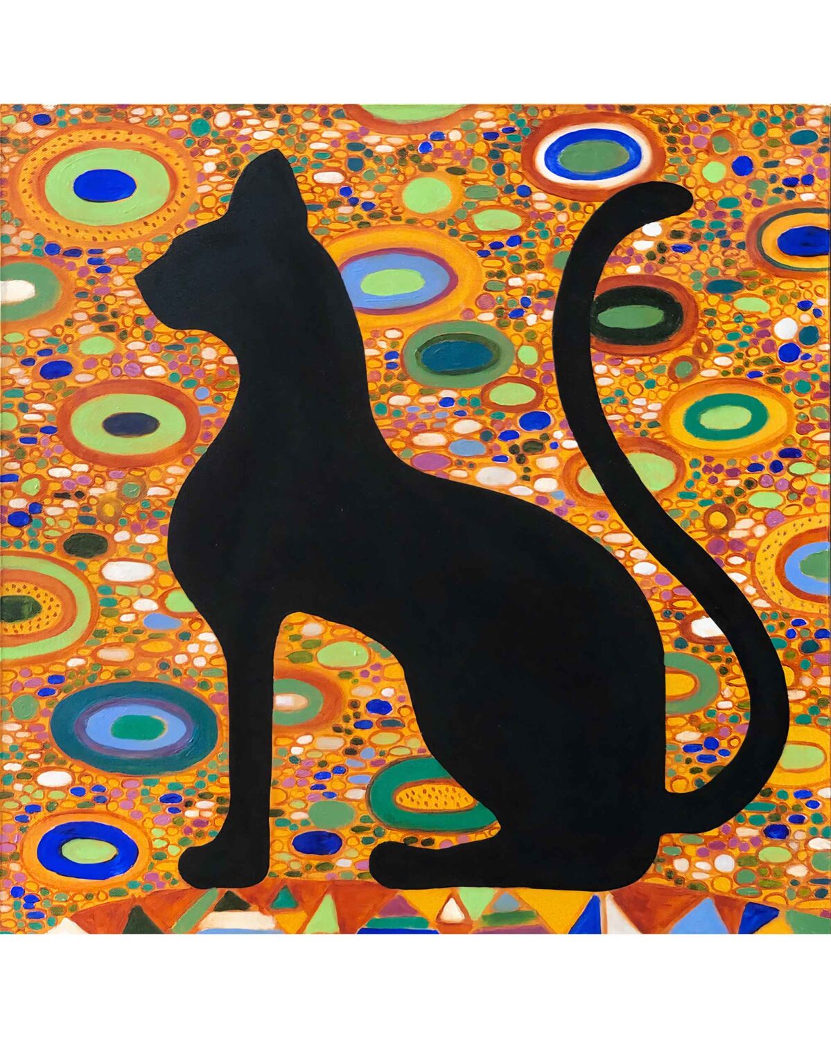 Black cat oil painting guarding cultural heritage