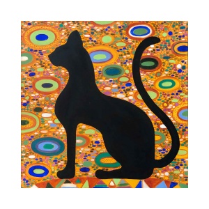 Black cat oil painting guarding cultural heritage