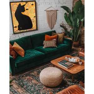 Black cat oil painting depicting a mystical guardian cat in symbolic golden composition