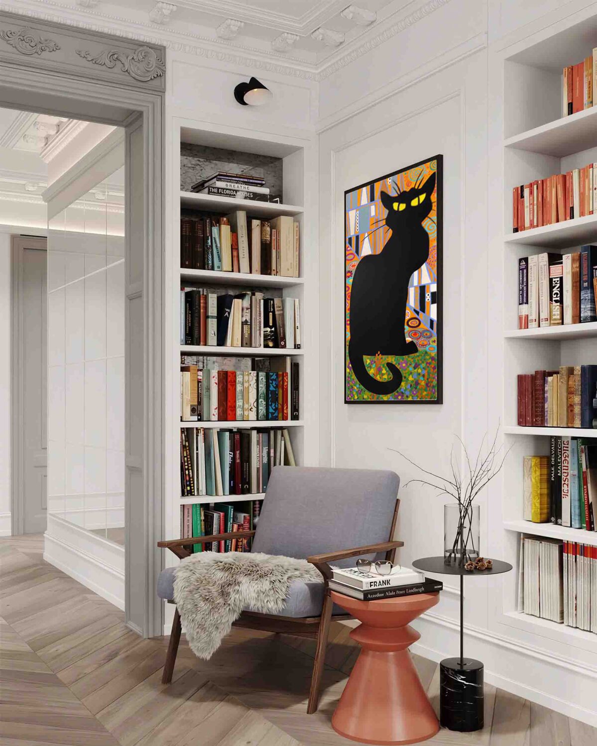 chat noir oil painting displayed in modern interior with armchair