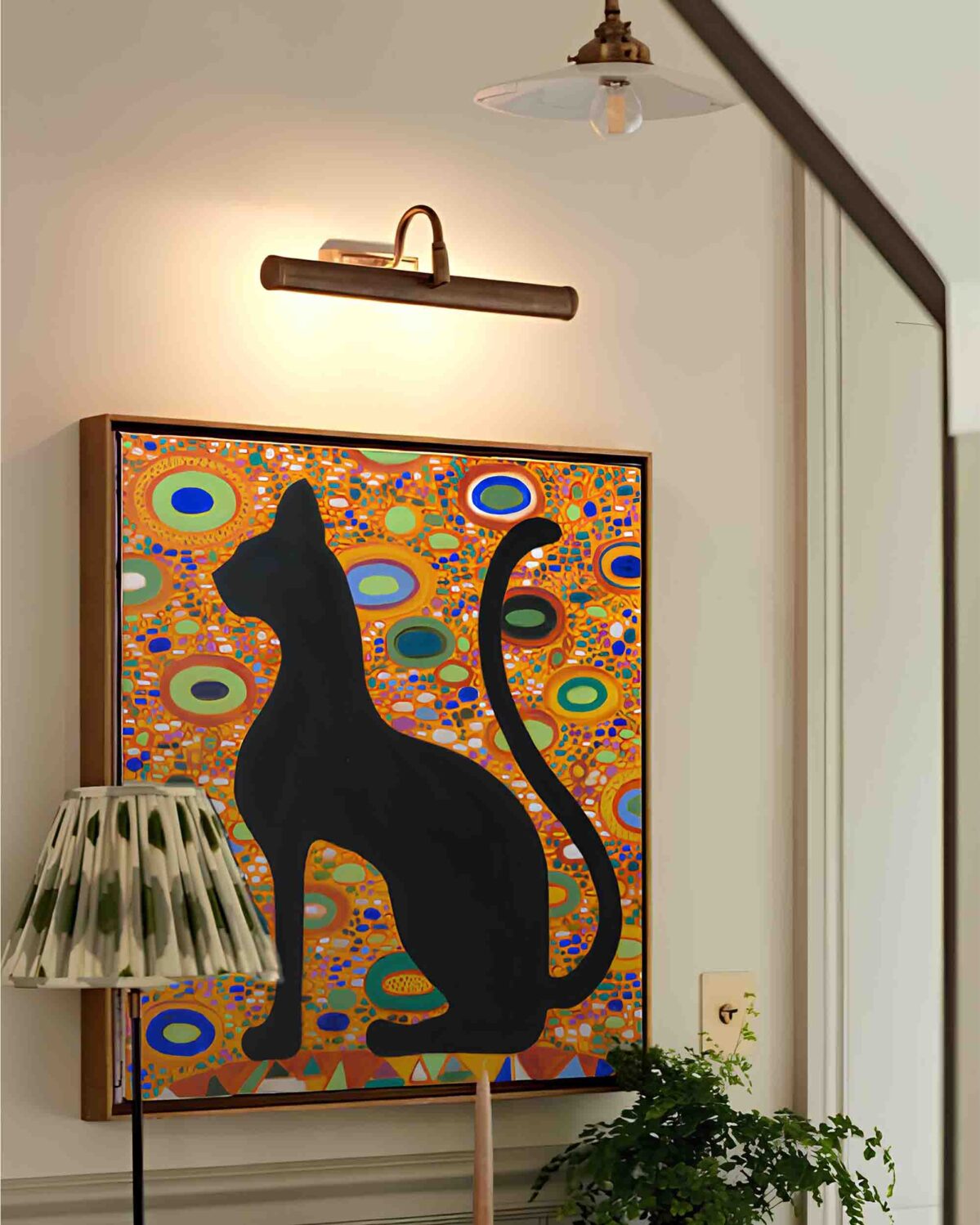 Black cat oil painting The Watch displayed in an elegant interior