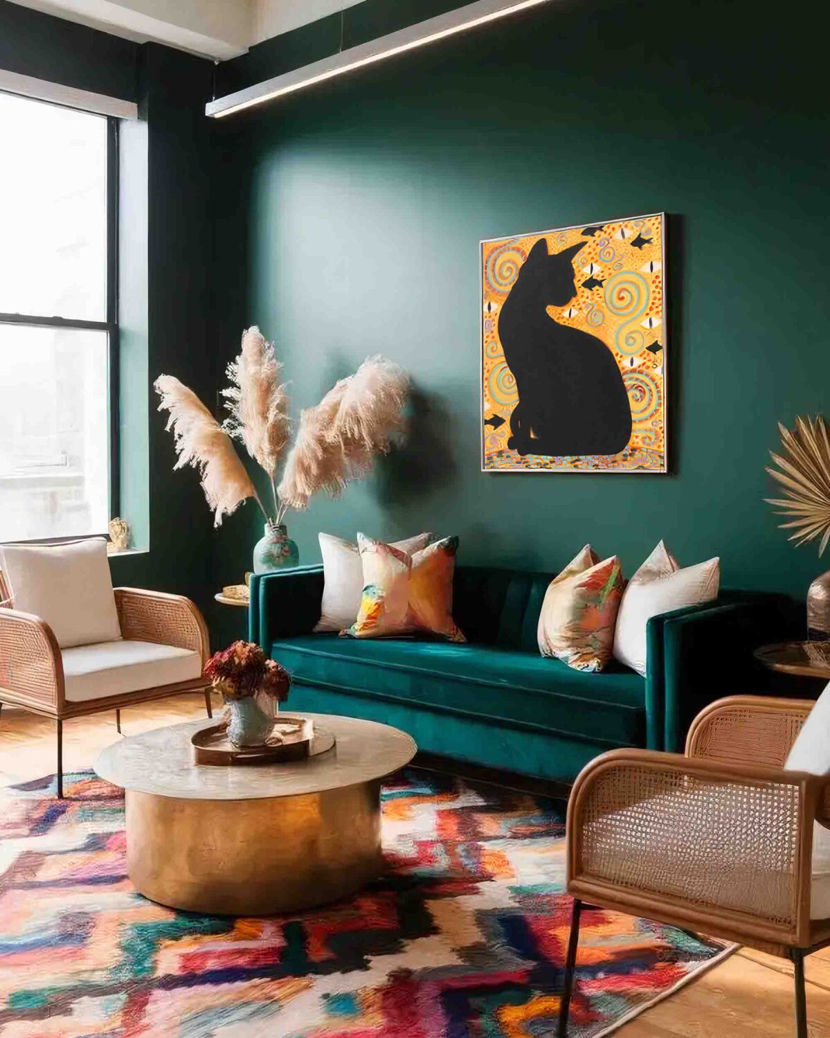 Black cat oil painting depicting a mystical guardian cat in symbolic golden composition