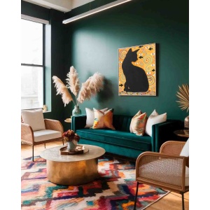 Black cat oil painting depicting a mystical guardian cat in symbolic golden composition