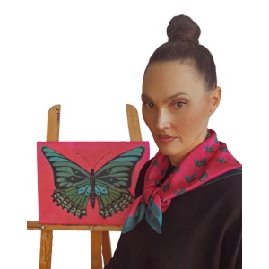 Luxury designer scarf “Papillon de Minuit” by artist Nekol, silky satin, wearable art accessory.