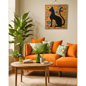 Black cat oil painting The Watch displayed in an elegant interior