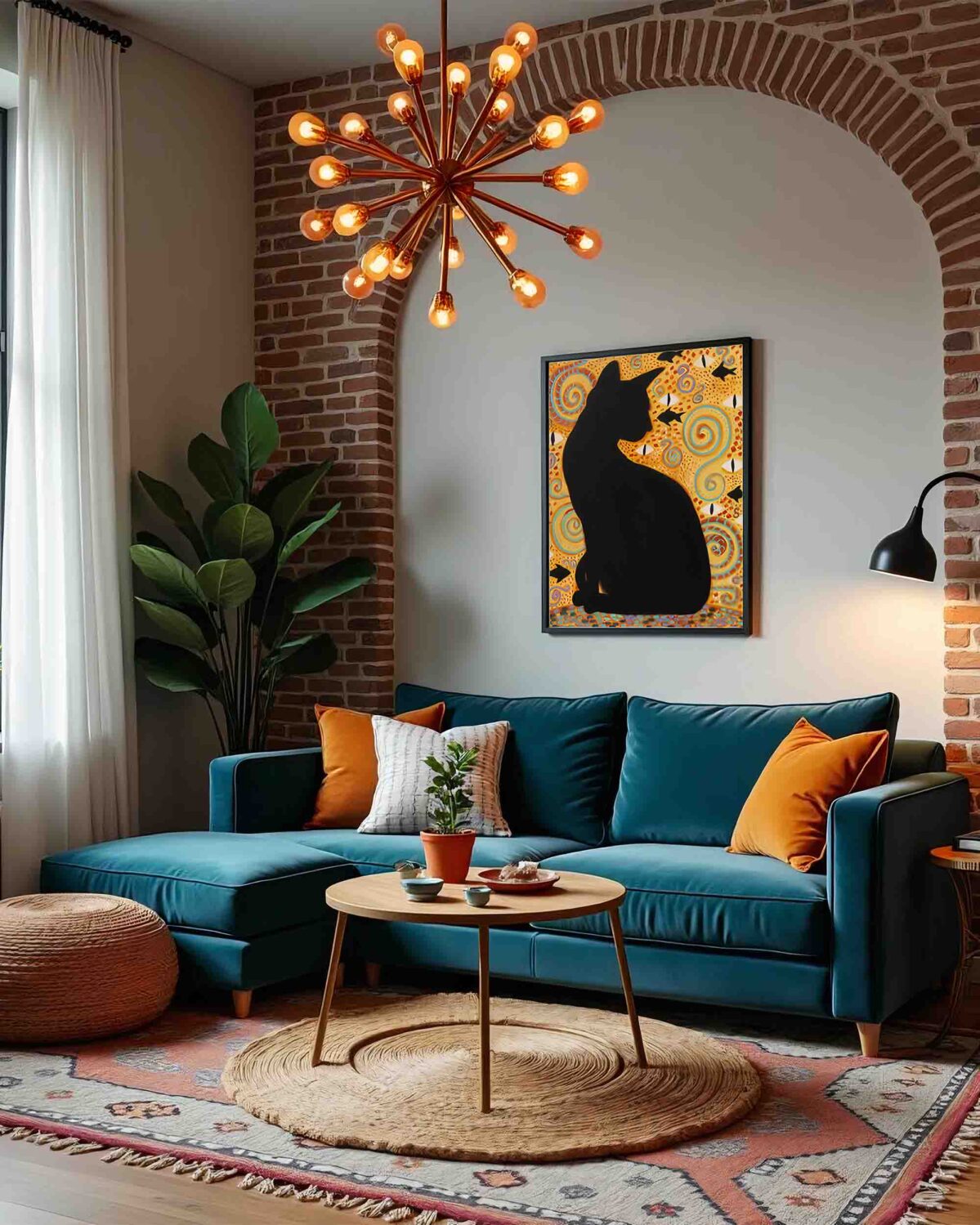 Black cat oil painting depicting a mystical guardian cat in symbolic golden composition