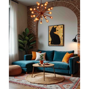 Black cat oil painting depicting a mystical guardian cat in symbolic golden composition