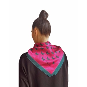 Luxury designer scarf “Papillon de Minuit” by artist Nekol, silky satin, wearable art accessory.
