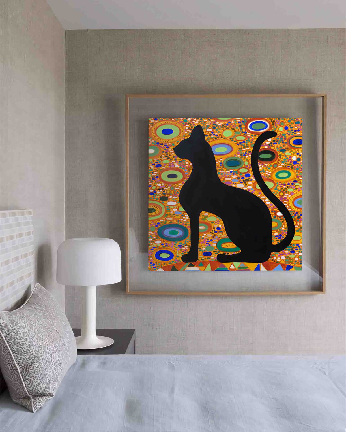 Black cat oil painting The Watch displayed in an elegant interior