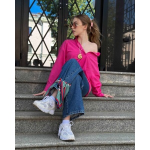 Luxurious green and blue peony print silk-like satin scarf with vibrant red background, inspired by original painting by Nekol.