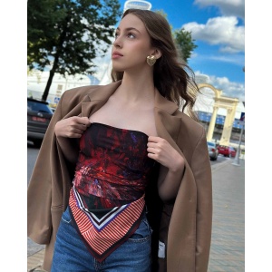 Silk scarf with vivid red abstract floral design from Bloom of Scarlet Winds by Nekol.