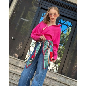 Luxurious green and blue peony print silk-like satin scarf with vibrant red background, inspired by original painting by Nekol.