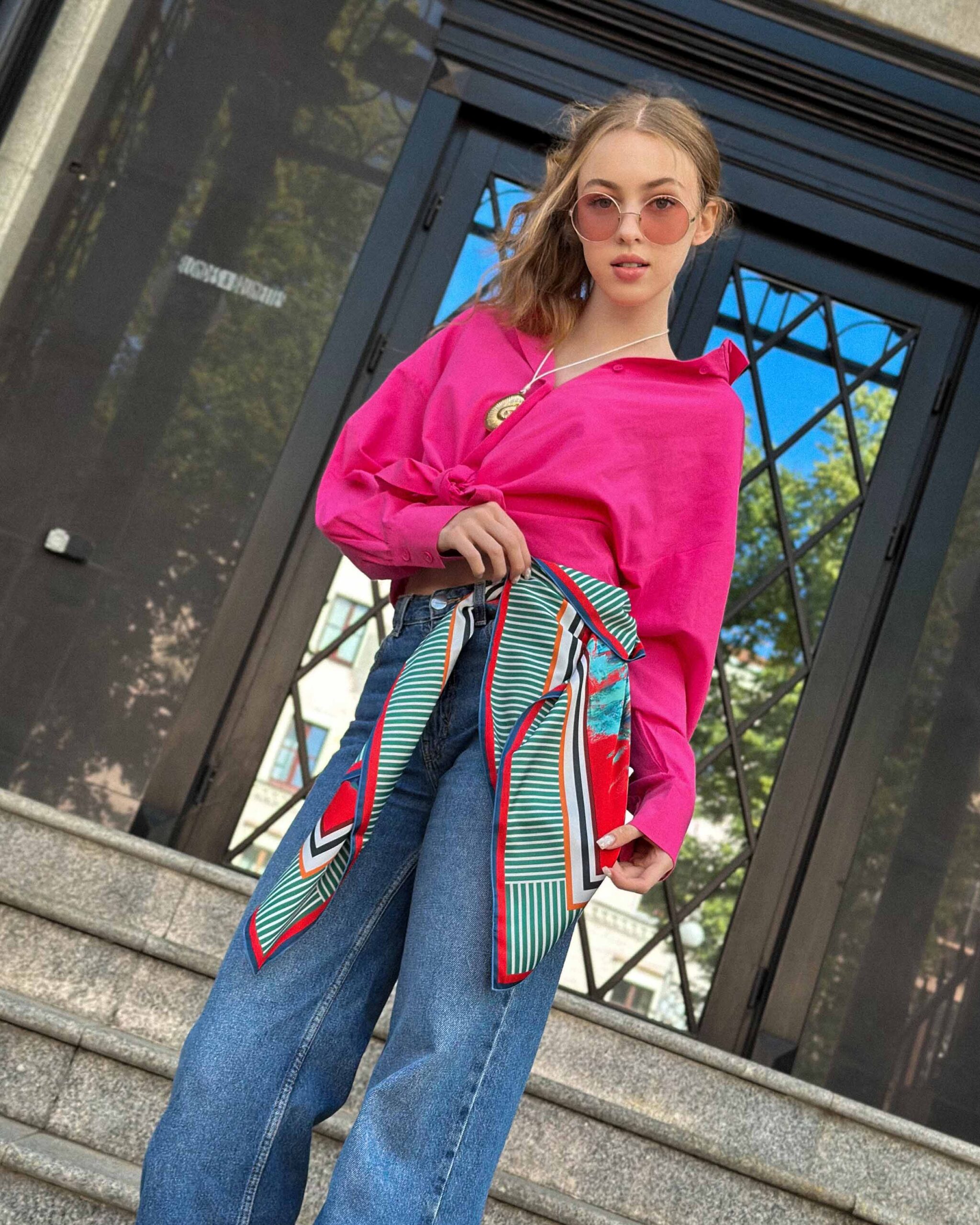 Luxurious green and blue peony print silk-like satin scarf with vibrant red background, inspired by original painting by Nekol.