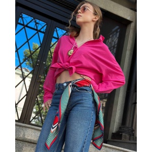 Luxurious green and blue peony print silk-like satin scarf with vibrant red background, inspired by original painting by Nekol.