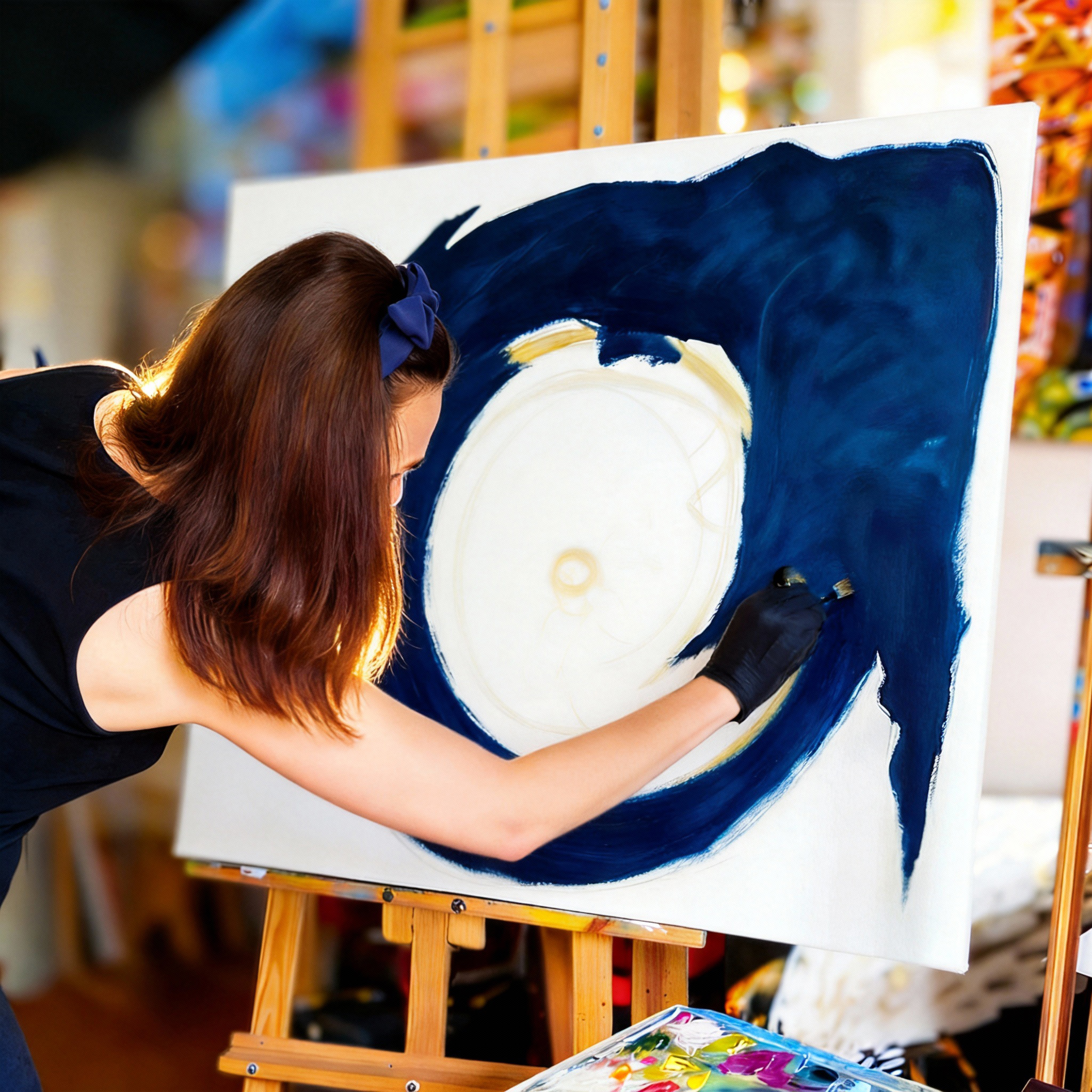 The artist Nekol in her studio, working on large-scale painting. Creative process and artistic concentration.