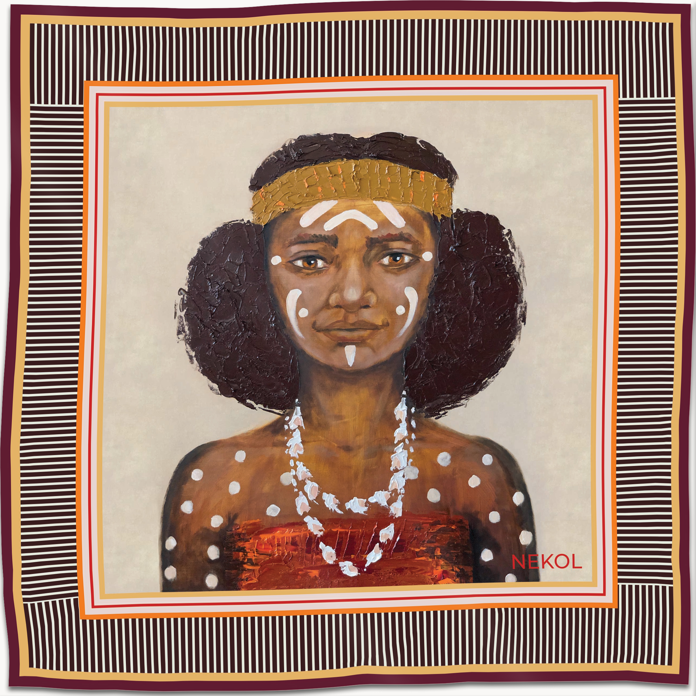 Silk-like scarf “Fille du Pacifique” with portrait of a Pacific Island girl on a striped geometric border, inspired by Nekol’s painting “Ocean’s Whisper”