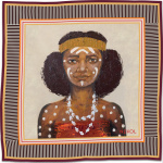 Silk-like scarf “Fille du Pacifique” with portrait of a Pacific Island girl on a striped geometric border, inspired by Nekol’s painting “Ocean’s Whisper”