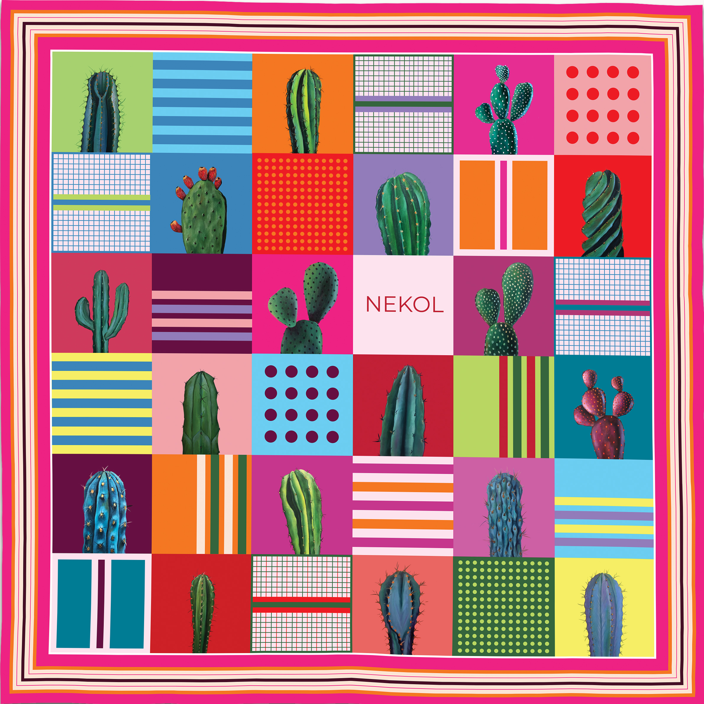 “Jardin du Désert” Silk Satin Scarf by Nekol – Artistic Cactus Design